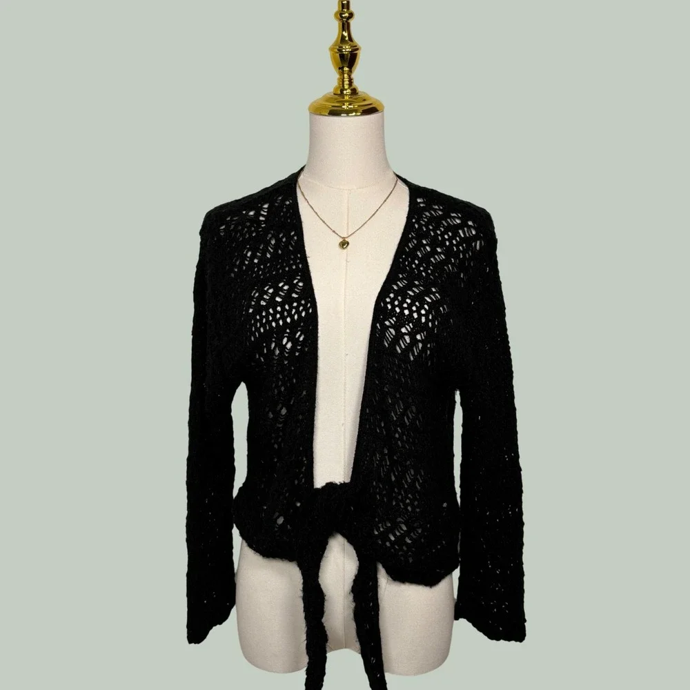 vintage 90s faded glory black open knit cardigan whimsygoth grunge fairy Y2K - Picture 1 of 6